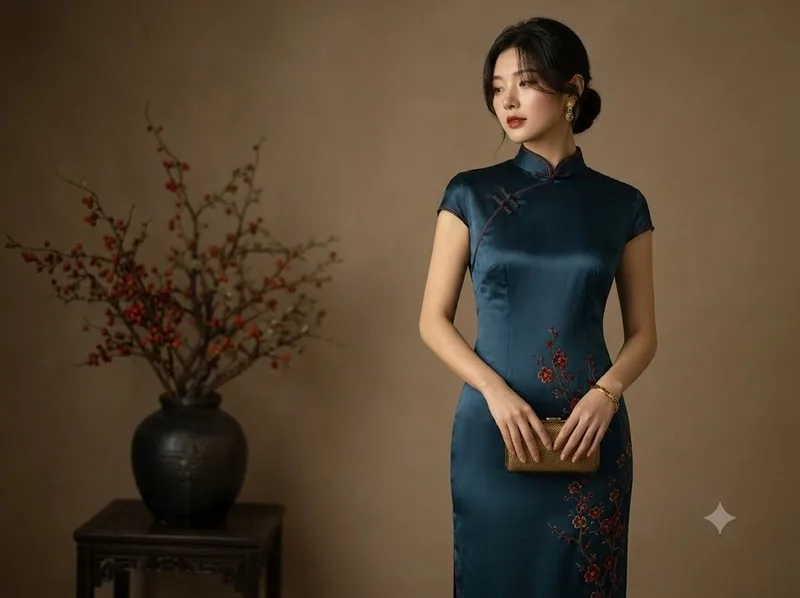 Qipao tạo vẻ thanh lịch nhờ cổ cao và phom dáng gọn gàng.
